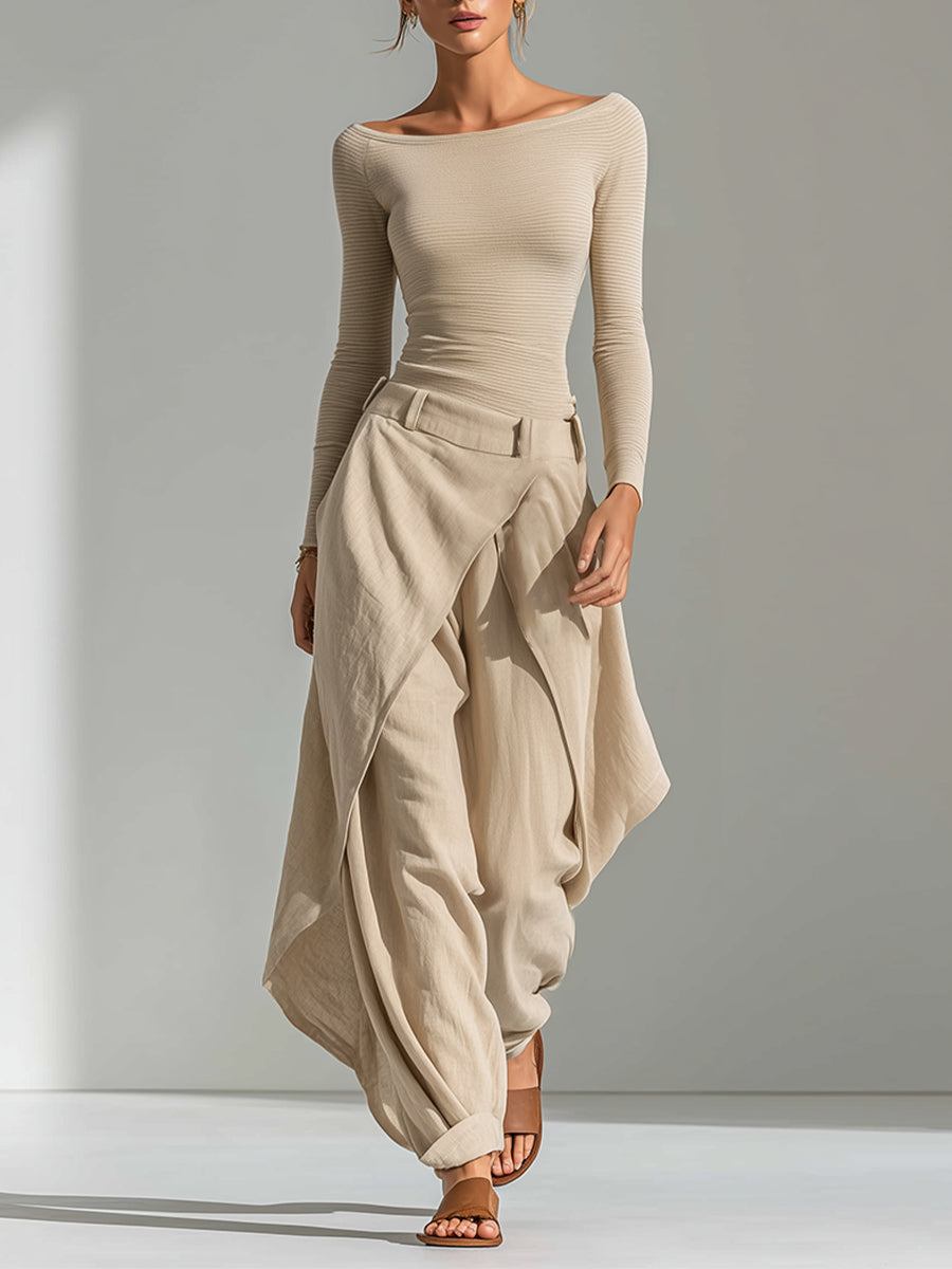 Éveline | Conjunto de blusa beige con cuello barco y pantalones anchos con volantes