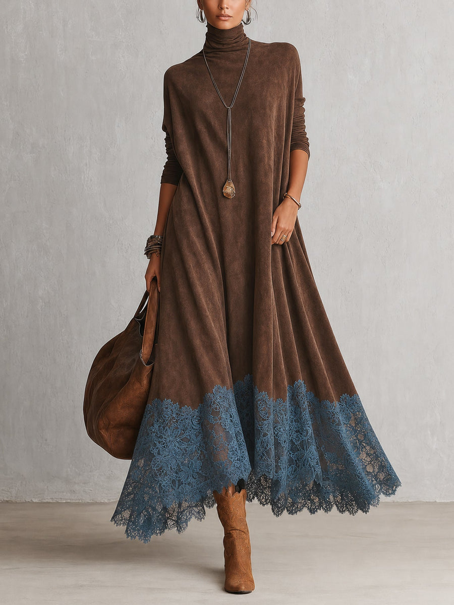 Jenyssa | Vestido Largo Efecto Gamuza con Orilla de Encaje