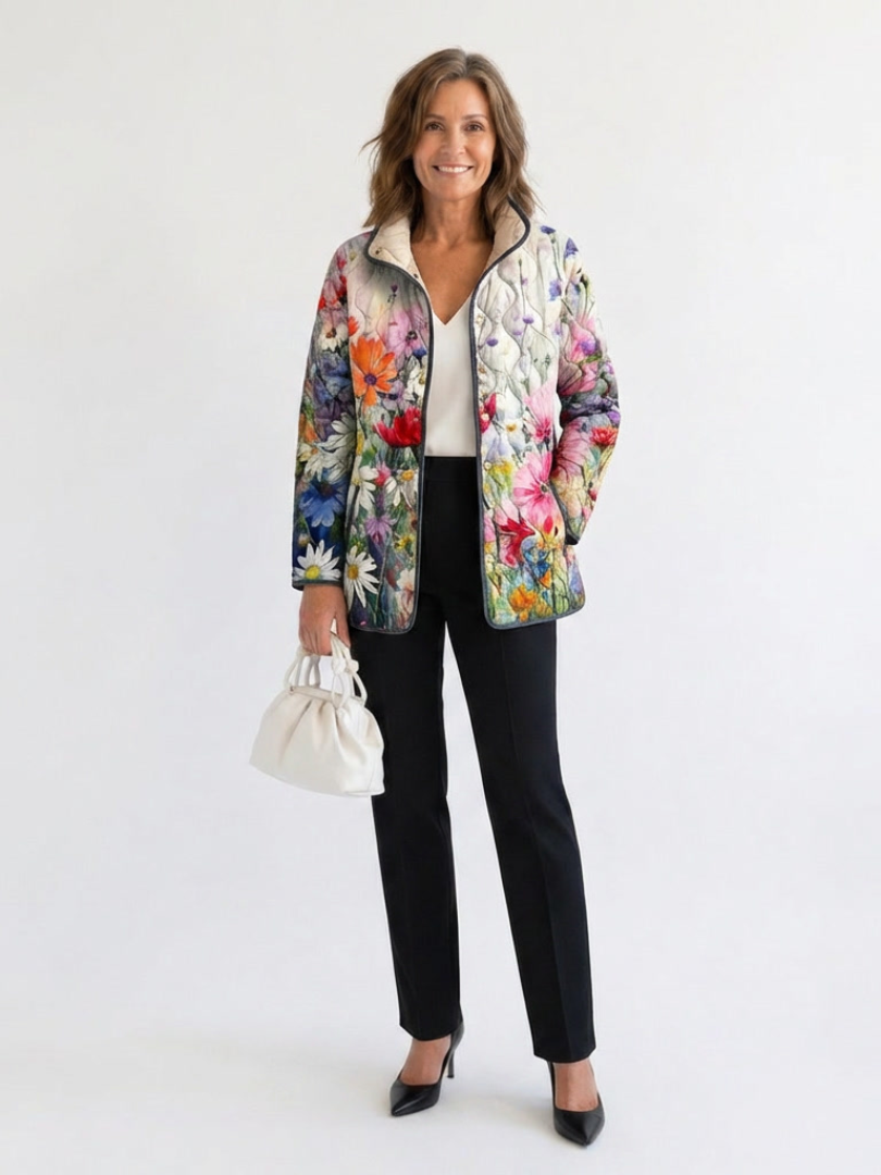 Barbara | chamarra acolchada para dama con flores silvestres, color hueso