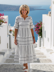 Parisa | Vestido midi a rayas de manga corta con volantes en capas