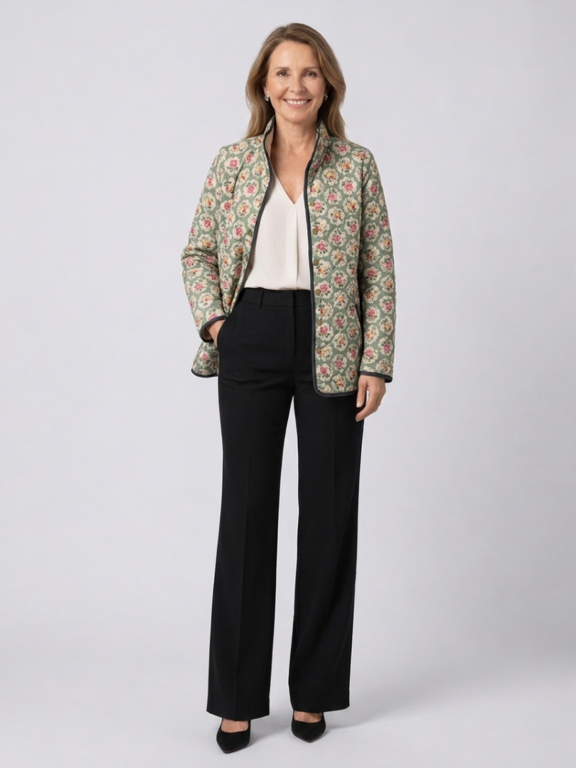 Halina | chamarra acolchada para dama tapiz floral, verde almendra