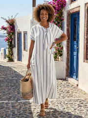 Elaris | Vestido midi de rayas con manga corta, cuello con lazo y bolsillos