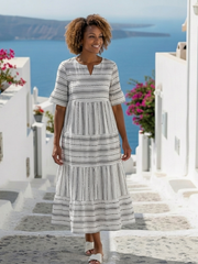 Parisa | Vestido midi a rayas de manga corta con volantes en capas