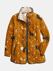 Bożena | chamarra acolchada para dama con gatos y estrellas, color ocre