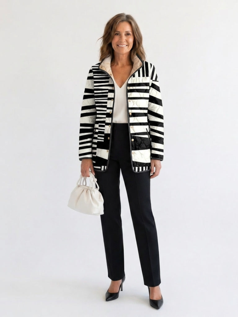 Renata | chamarra acolchada para dama con rayas gráficas, blanco y negro