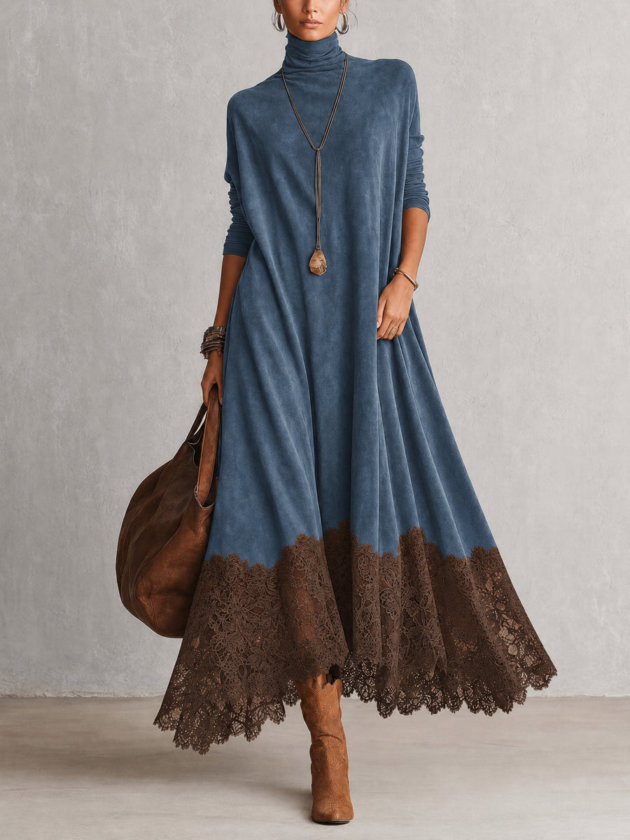 Jenyra| Vestido Largo Efecto Gamuza con Orilla de Encaje