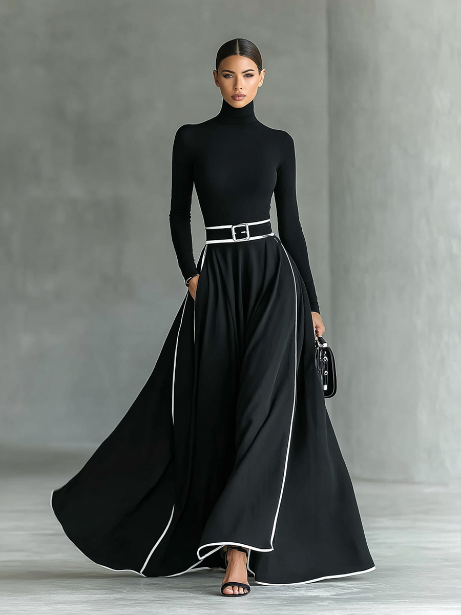 Gina – Vestido Maxi Negro con Costuras Blancas, Cuello Alto, Manga Larga y Cintura Marcada
