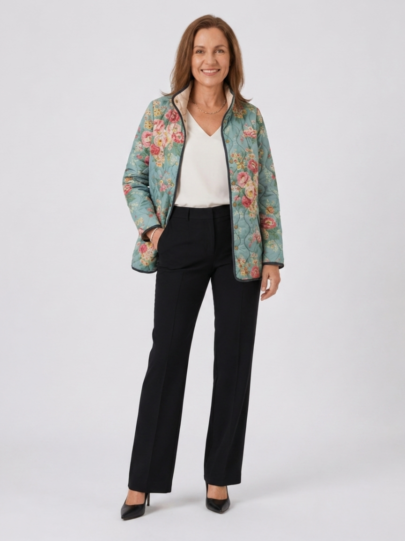 Teresa | chamarra acolchada para dama con rosas, verde celadón