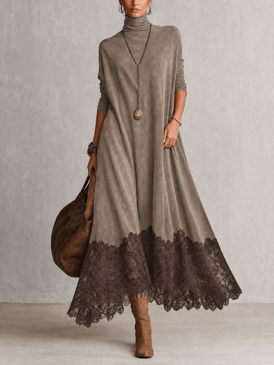 Jolene | Vestido Largo Efecto Gamuza con Orilla de Encaje