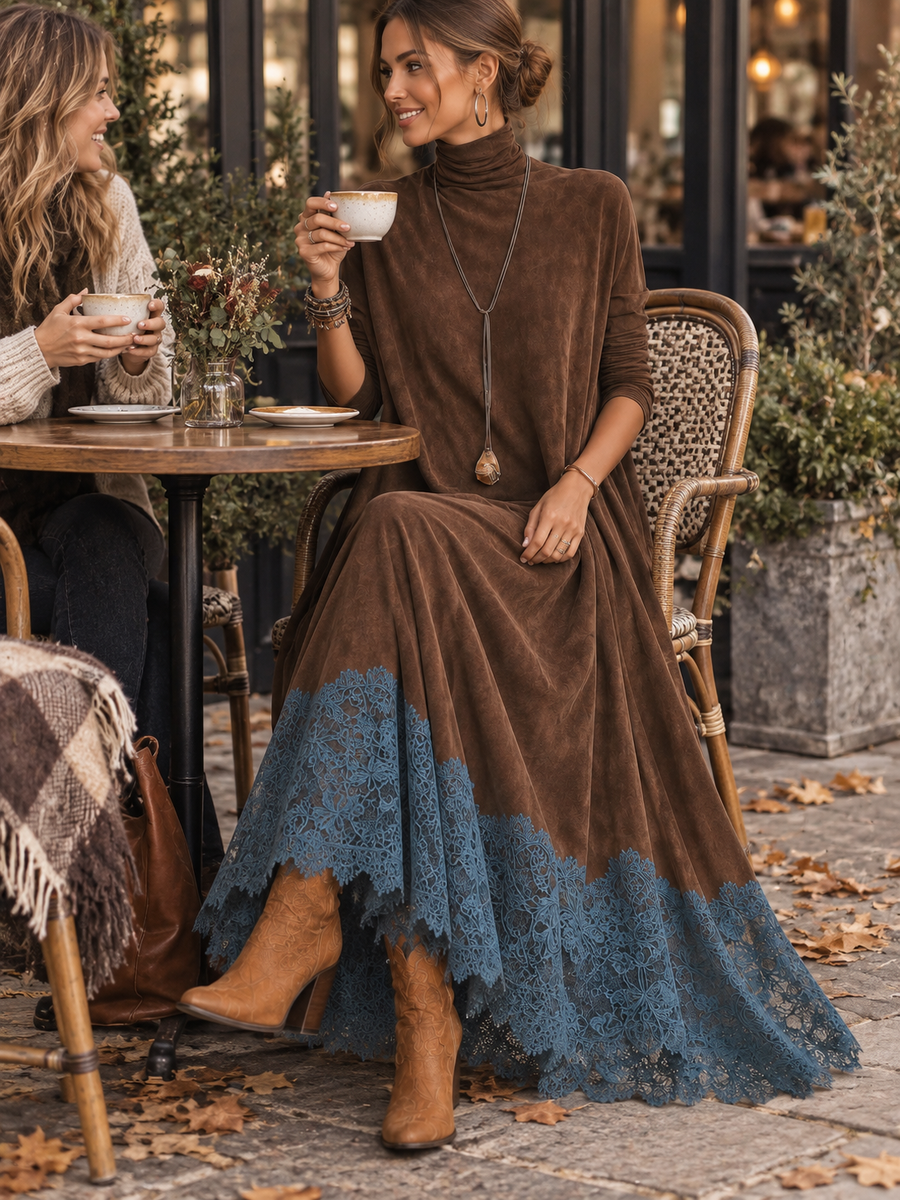 Jenyssa | Vestido Largo Efecto Gamuza con Orilla de Encaje
