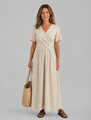 Alvara | Vestido Midi con Escote en V, Manga Corta y Cintura Cruzada