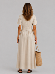 Alvara | Vestido Midi con Escote en V, Manga Corta y Cintura Cruzada