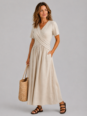 Alvara | Vestido Midi con Escote en V, Manga Corta y Cintura Cruzada