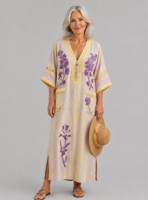 Aurelia | Vestido Maxi con Escote en V, Manga Corta y Estampado Floral a Rayas