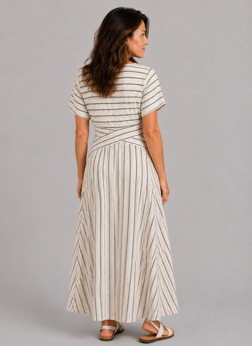 Aguamarga | Vestido Midi con Escote en V, Manga Corta y Cintura Cruzada