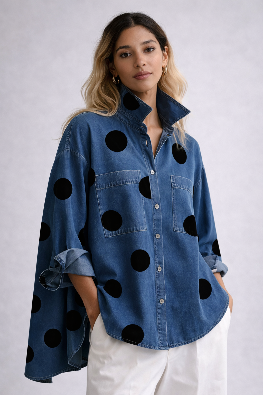 CAMISA DENIM OVERSIZE CON LUNARES