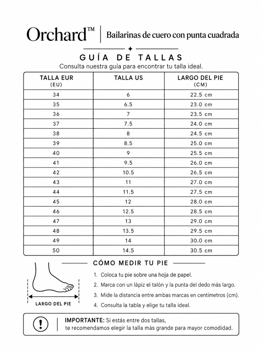 Orchard™ | Bailarinas de cuero con punta cuadrada - tabla de tallas