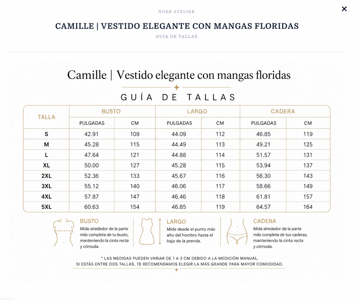 Camille | Vestido elegante con mangas floridas - tabla de tallas
