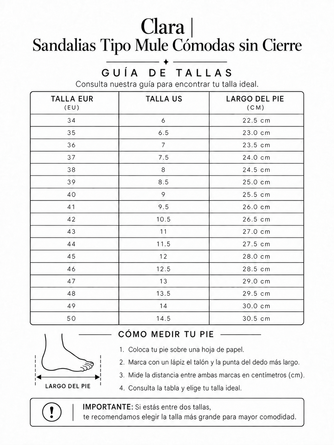 Clara | Sandalias Tipo Mule Cómodas sin Cierre - tabla de tallas