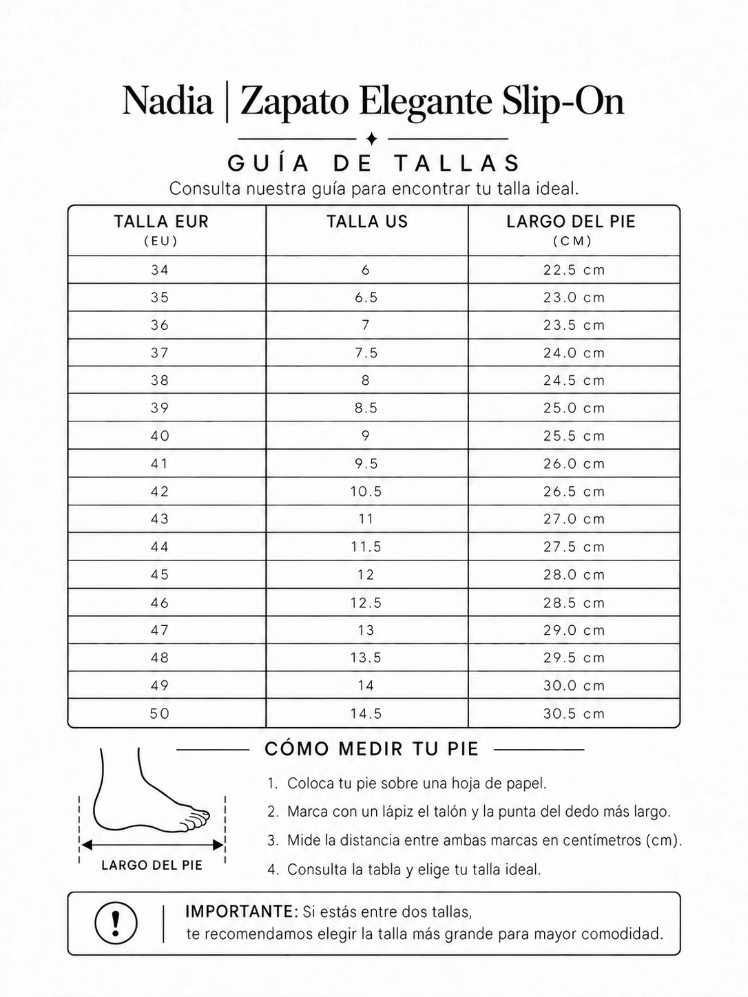 Nadia | Zapato Elegante Slip-On - tabla de tallas