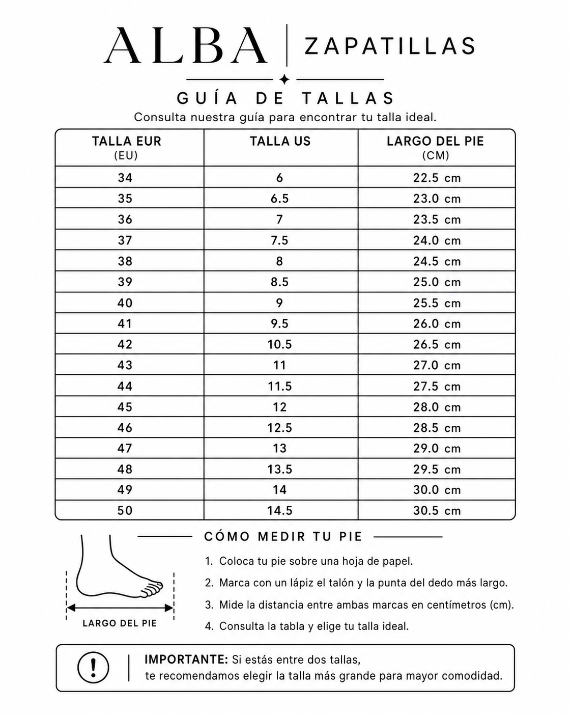 Alba | Zapatillas ultra cómodas para caminar todo el día - tabla de tallas