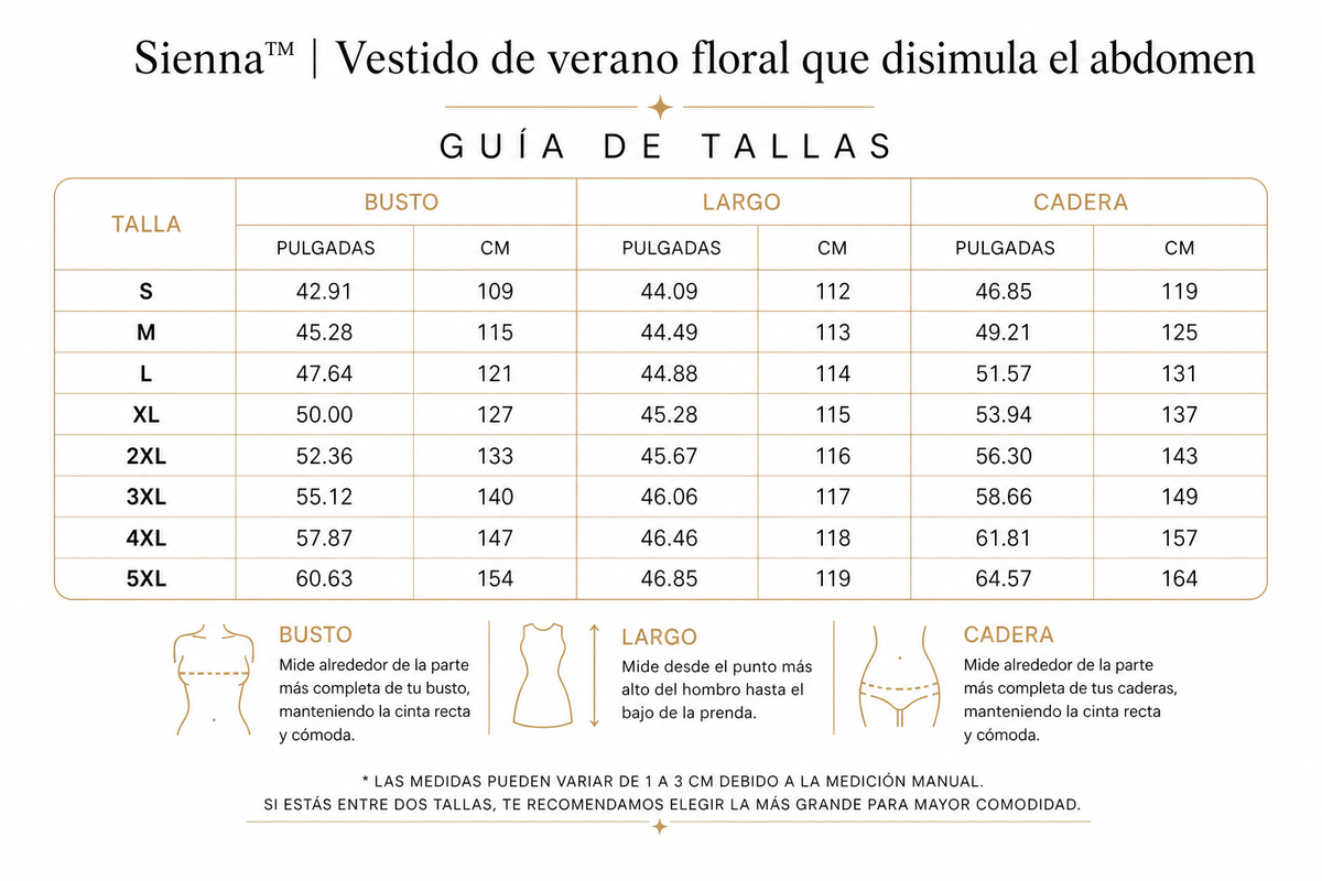 Sienna™ | Vestido de verano floral que disimula el abdomen - tabla de tallas