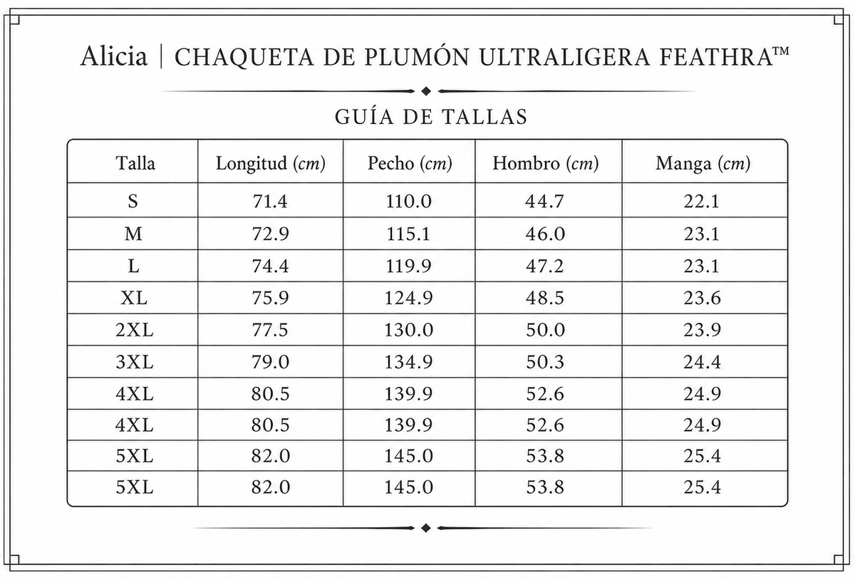 Alicia | CHAQUETA DE PLUMÓN ULTRALIGERA FEATHRA™ - tabla de tallas