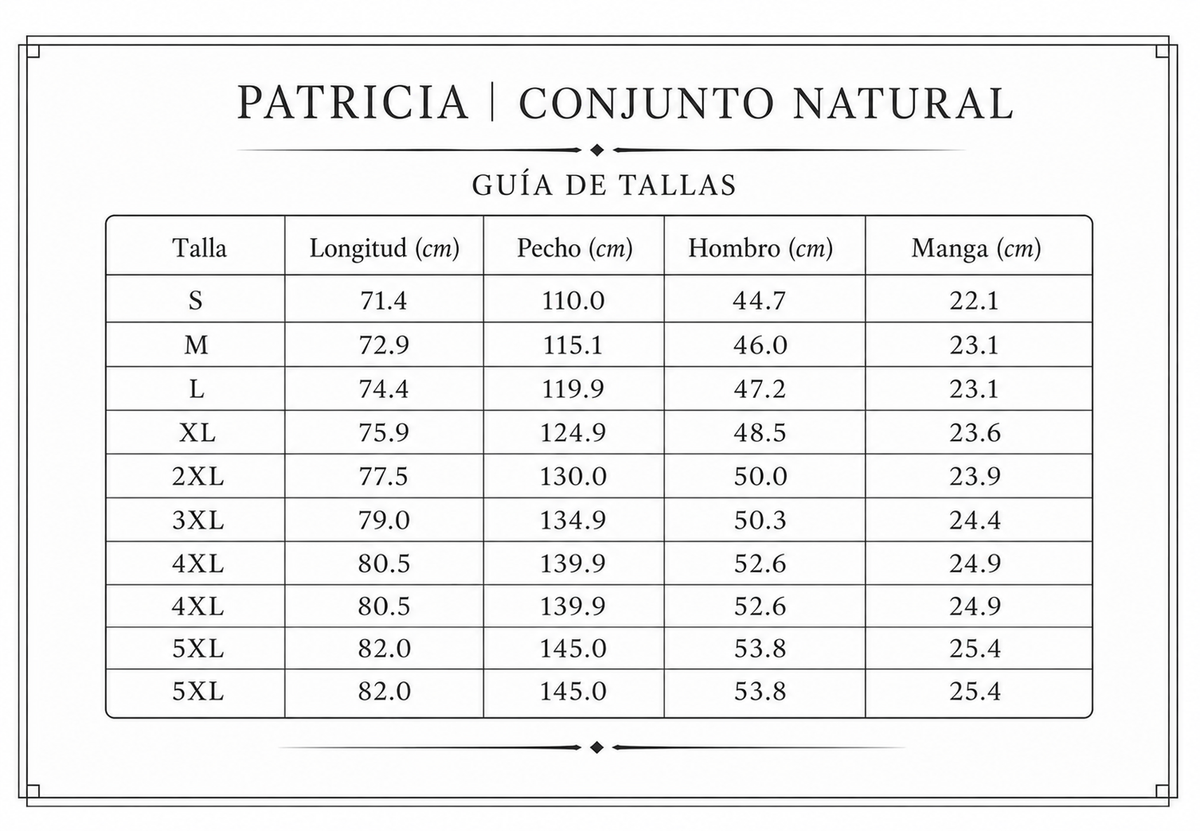 Patricia | Conjunto Natural - tabla de tallas