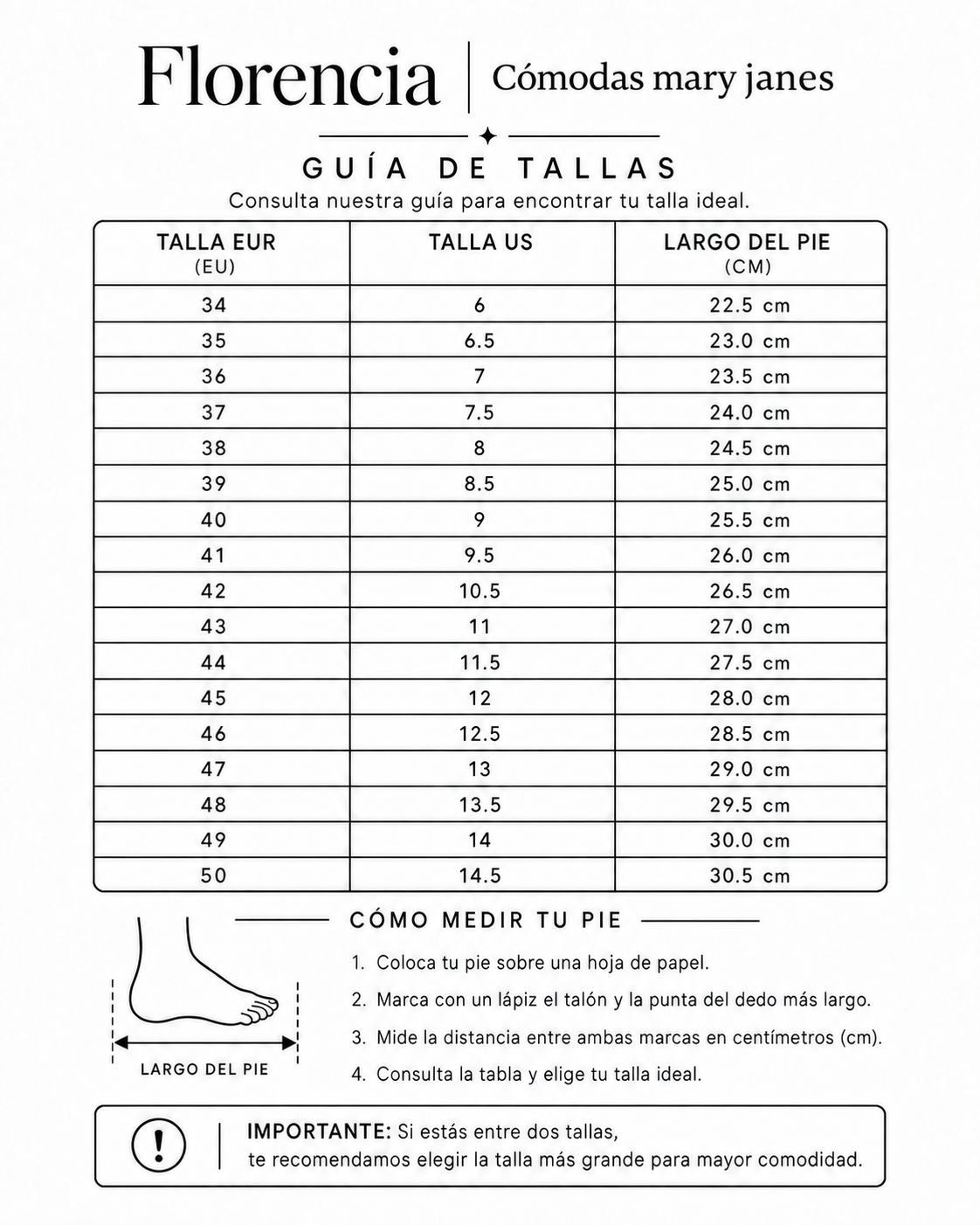 Florencia | Cómodas mary janes - tabla de tallas