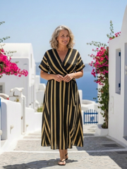 Lina | Vestido midi cruzado de rayas con manga corta y escote en V
