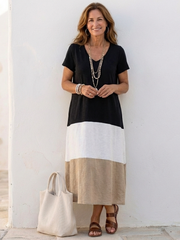 Thalia | Vestido midi de manga corta con bloques de color y escote en V