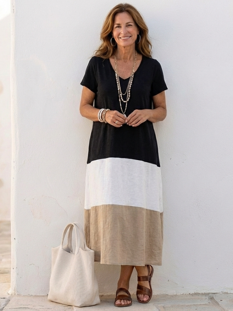 Thalia | Vestido midi de manga corta con bloques de color y escote en V