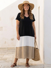 Thalia | Vestido midi de manga corta con bloques de color y escote en V