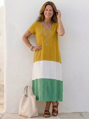 Thalia | Vestido midi de manga corta con bloques de color y escote en V