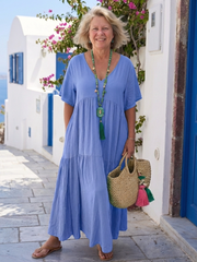 Zinnia | Vestido maxi azul de manga corta con volantes en capas