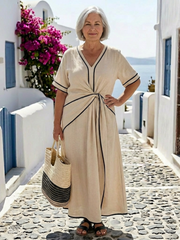 Carboneras | Vestido midi de cuello en V con mangas cortas y cintura fruncida