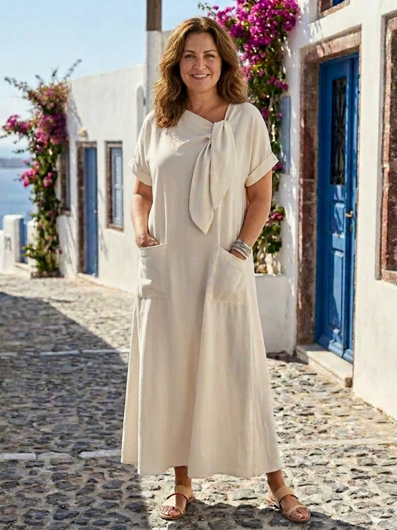 Elowyn | Vestido maxi de cuello redondo y manga corta con bolsillos