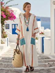 Noemi | Vestido maxi con escote en V, de manga corta y bolsillos