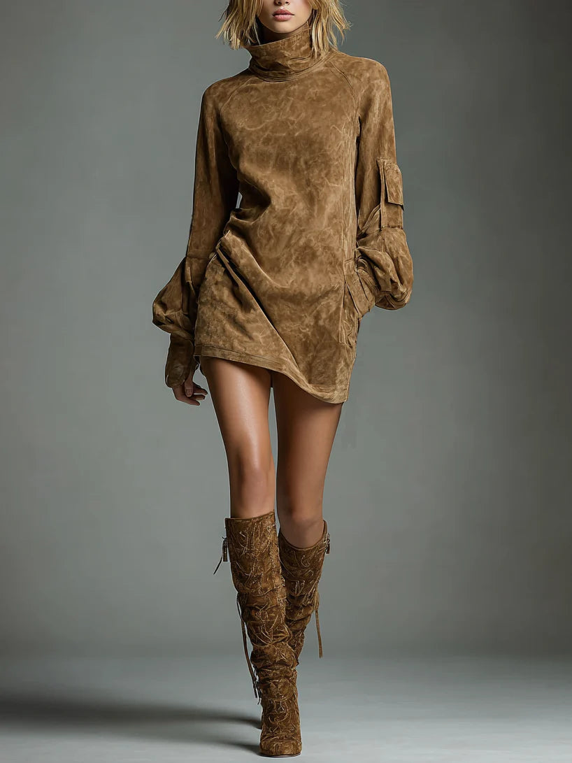 Romy | Vestido mini de gamuza vintage con cuello alto