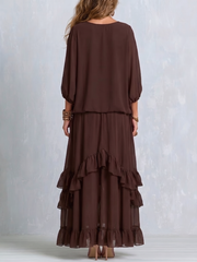 Ondine | Conjunto de blusa de gasa marrón con flecos y falda con volantes