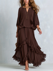 Ondine | Conjunto de blusa de gasa marrón con flecos y falda con volantes