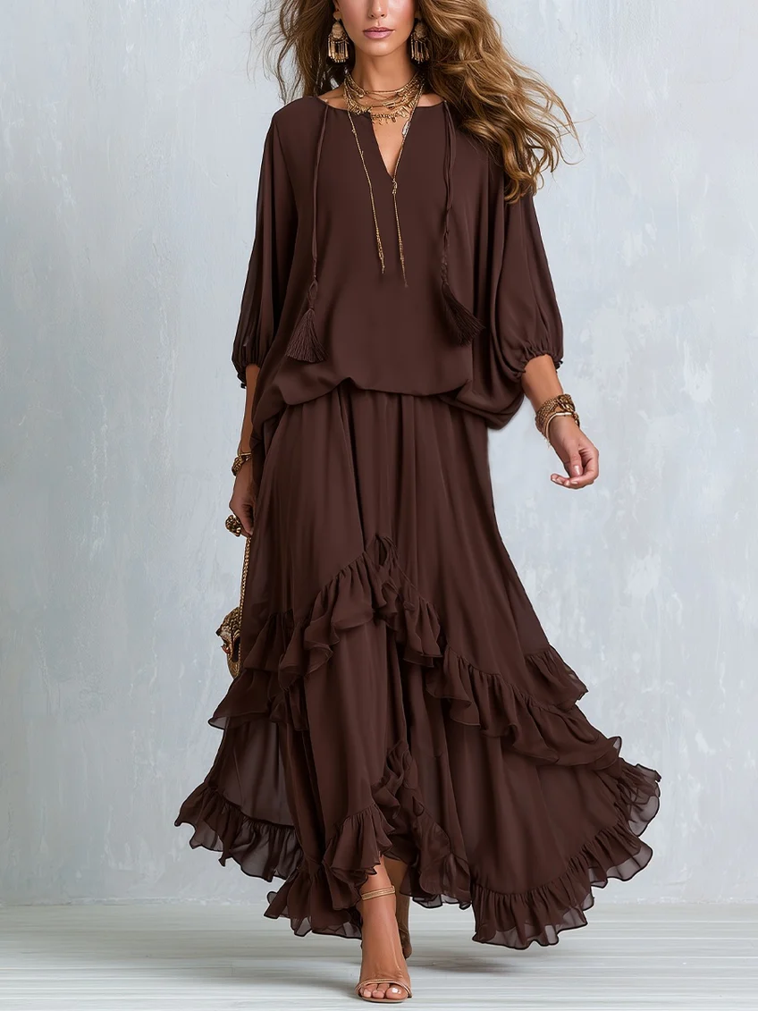 Ondine | Conjunto de blusa de gasa marrón con flecos y falda con volantes