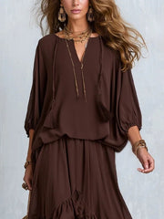 Ondine | Conjunto de blusa de gasa marrón con flecos y falda con volantes