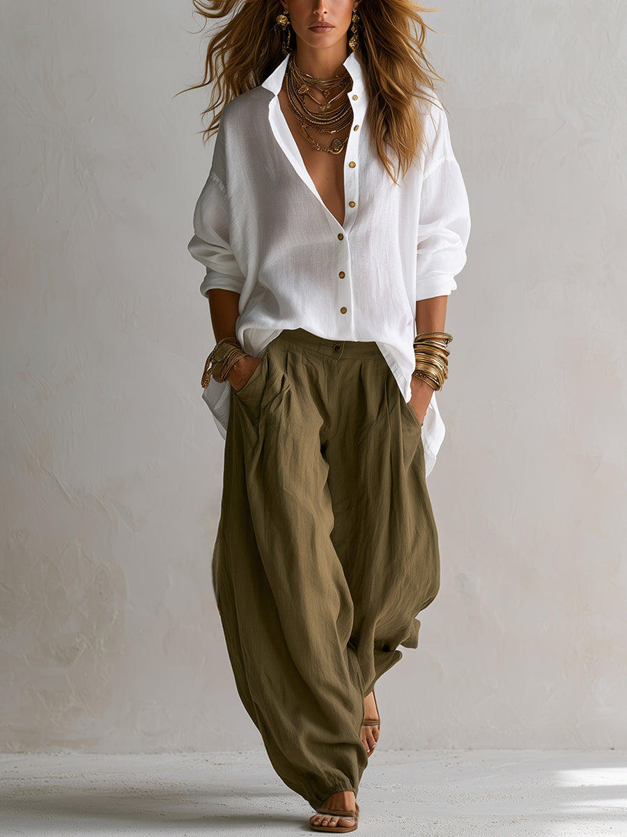 Capucine | Camisa blanca holgada y pantalón Lantern verde oliva