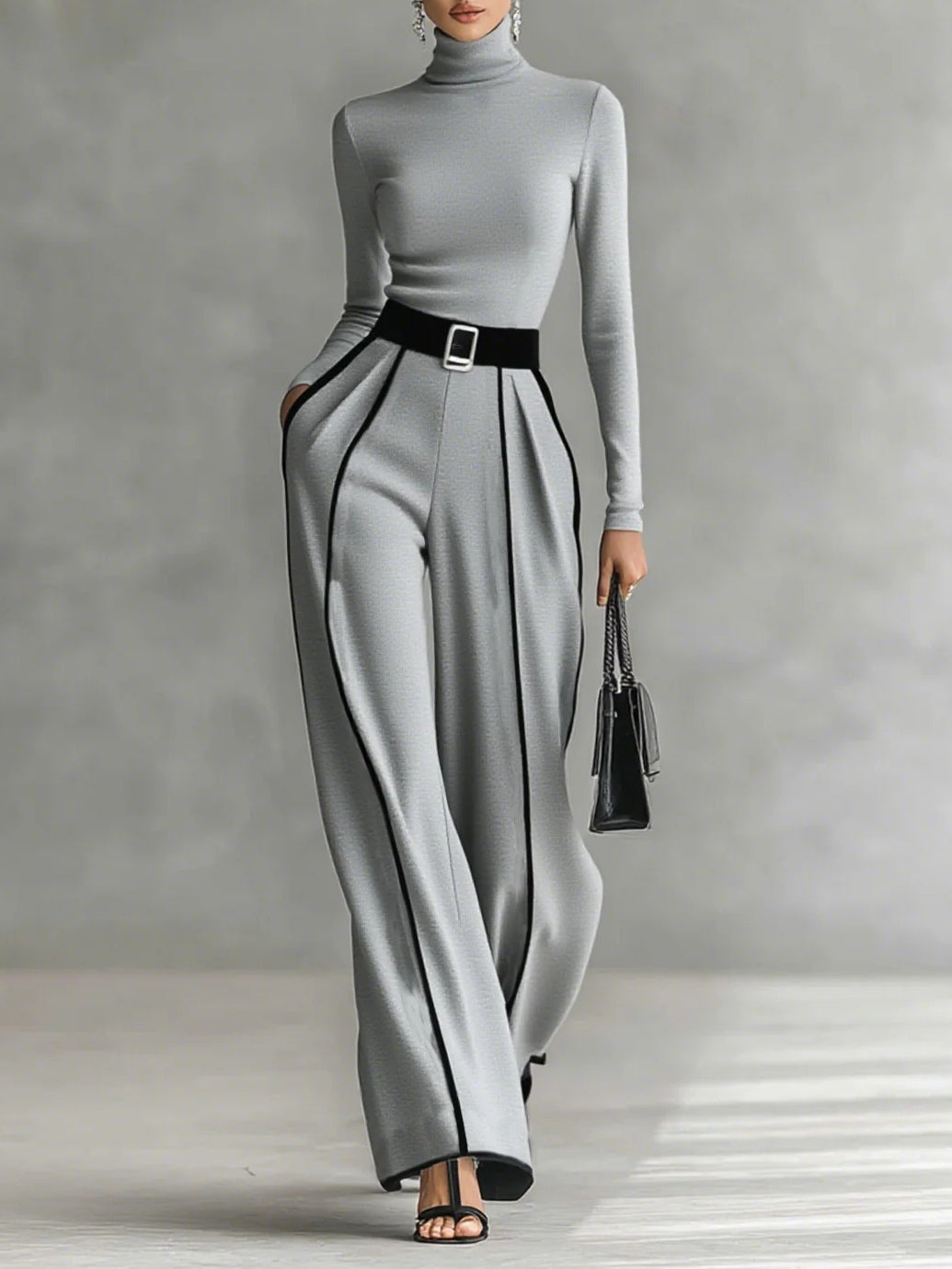 Adèle | Conjunto de blusa de cuello alto con ribetes blancos y pantalones anchos