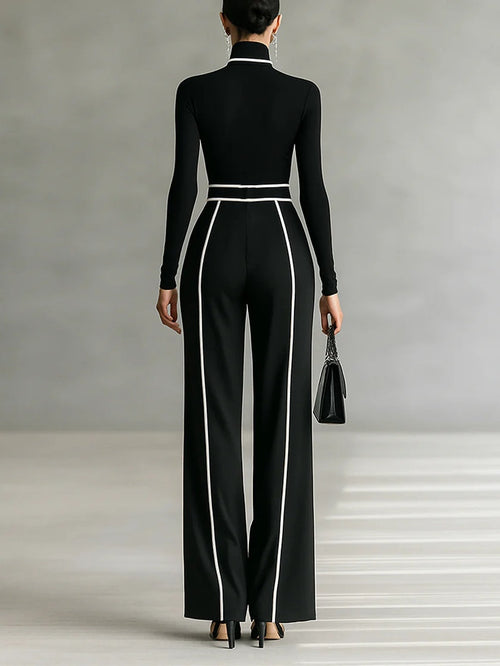 Adèle | Ensemble Col Haut à Liserés Blancs et Pantalon Large