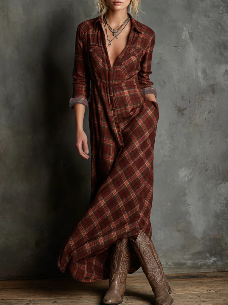 Margaux | Vestido camisero largo con cuello Vichy verde