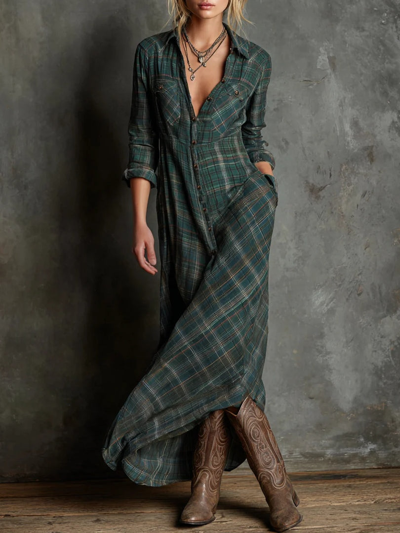Margaux | Vestido camisero largo con cuello Vichy verde