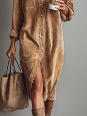 Béatrice | Vestido midi de terciopelo acanalado con bolsillos y botonadura sencilla