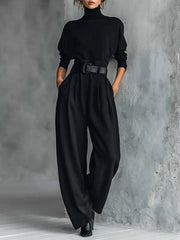 Noëlla | Conjunto de blusa con cuello rodado negro y pantalón recto